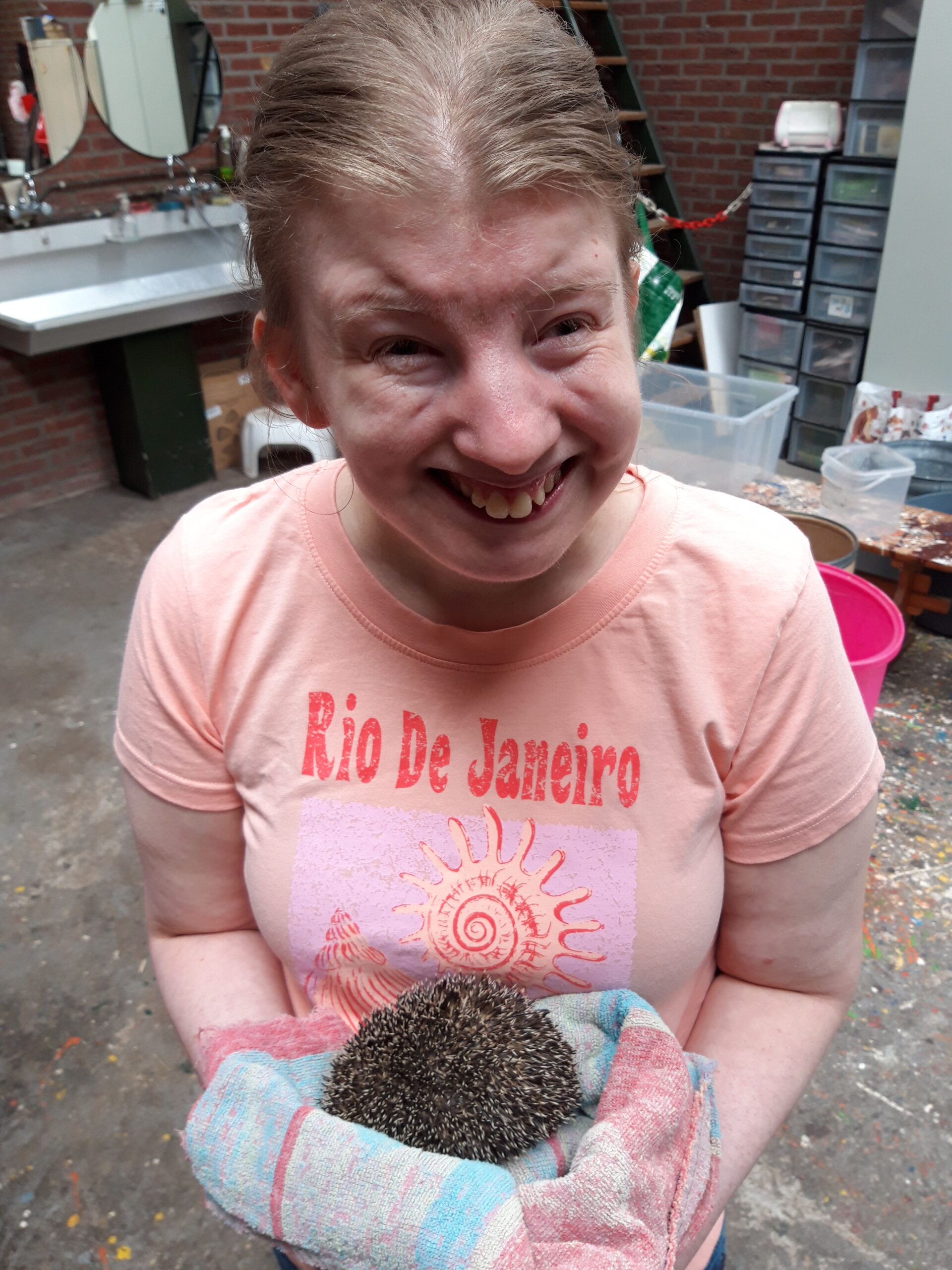 Een stagiaire van thuis heeft dit egeltje gevonden in het aardbeiennet